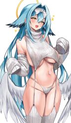 Rule 34 | 1girl, :d, aqua hair, bare shoulders, bow, breasts, detached sleeves, garter straps, hair between eyes, hair bow, hair intakes, highres, large breasts, long hair, low wings, meme attire, midriff, navel, no bra, open mouth, original, panties, revealing clothes, simple background, sleeves past fingers, sleeves past wrists, smile, solo, stomach, thighhighs, underwear, very long hair, virgin destroyer sweater, white background, wings, yellow eyes, yuniiho