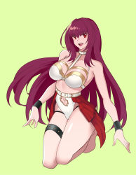 Rule 34 | 1girl, alternate costume, blush, breasts, cleavage, cosplay, fate/grand order, fate (series), green background, hair between eyes, hair intakes, highres, large breasts, long hair, looking at viewer, martha (fate), martha (fate) (cosplay), purple hair, red eyes, scathach (fate), shijie jianfa, simple background, solo, thigh strap, thighs, waist cape