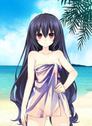 Rule 34 | 10s, 1girl, alternate hairstyle, bare shoulders, black hair, blush, breasts, covered navel, long hair, looking at viewer, medium breasts, naked towel, neptune (series), no pussy, noire (neptunia), nude filter, red eyes, see-through, smile, solo, standing, third-party edit, towel
