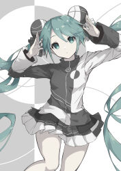 absurdres aqua_eyes aqua_hair breasts cowboy_shot expressionless floating_hair hatsune_miku highres long_hair long_sleeves looking_at_viewer miniskirt muted_color pale_skin pleated_skirt skirt small_breasts twintails ura-omote_lovers_(vocaloid) very_long_hair vocaloid yohki