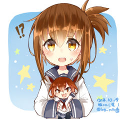 Rule 34 | !?, 10s, 2girls, :3, bad id, bad pixiv id, brown eyes, brown hair, dated, fang, folded ponytail, hair ornament, hairclip, ikazuchi (kancolle), inazuma (kancolle), kantai collection, long hair, mini person, minigirl, multiple girls, open mouth, school uniform, serafuku, star (symbol), starry background, sweat, twitter username, yellow bunny, yellow eyes