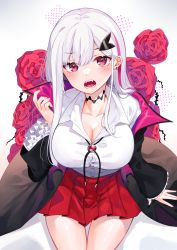 Rule 34 | 1girl, bare legs, blouse, blush, breasts, cleavage, cloak, eyebrows hidden by hair, flower, hair between eyes, hair ornament, hairclip, highres, hitotose hirune, jacket, large breasts, looking at viewer, open mouth, original, red eyes, rose, school uniform, shirt, sitting, skirt, slit pupils, solo, teeth, vampire, white hair