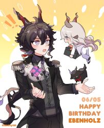 Rule 34 | 2boys, absurdres, animal ears, animalization, arknights, ascot, ass, axenyan, black hair, black suit, bright pupils, chibi, commentary, dated, ebenholz (arknights), english commentary, english text, epaulettes, formal, full body, gift, goat, goat boy, goat ears, goat horns, hands up, happy birthday, highres, holding, holding gift, horns, kreide (arknights), long hair, long sleeves, looking at another, multiple boys, open mouth, ponytail, purple eyes, suit, surprised, twitter username, upper body, wavy hair, white ascot, white hair, white pupils, white suit
