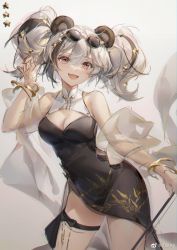 Rule 34 | 1girl, :d, animal ears, arknights, artist name, bare shoulders, bear ears, black dress, black hair, blush, bracelet, breasts, cleavage, cleavage cutout, clothing cutout, contrapposto, cowboy shot, dress, eyewear on head, fang, feater (arknights), hair ornament, highres, irisrey, jewelry, looking at viewer, medium breasts, multicolored hair, official alternate costume, open mouth, pelvic curtain, red eyes, see-through, shawl, short twintails, silver hair, skin fang, sleeveless, sleeveless dress, smile, solo, star (symbol), star hair ornament, streaked hair, sunglasses, thigh strap, twintails, two-tone hair, weibo watermark