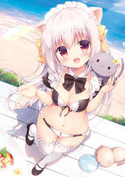 Rule 34 | 1girl, :d, animal, animal on shoulder, beach, bikini, black bow, black bowtie, black footwear, blue sky, blush, blush stickers, bow, bowtie, breasts, bush, cat, cat on shoulder, cleavage, cloud, cloudy sky, collarbone, day, detached collar, floating hair, foot up, frilled bikini, frills, from above, hair between eyes, hair bow, hand up, highres, long hair, looking at viewer, maid, maid bikini, maid headdress, mary janes, medium breasts, melonbooks, miyasaka naco, navel, non-web source, ocean, open mouth, original, outdoors, puffy short sleeves, puffy sleeves, red eyes, shoes, short sleeves, sidelocks, sky, smile, solo, standing, standing on one leg, stomach, swimsuit, thighhighs, unconventional maid, very long hair, water, white hair, white thighhighs, wind, wing collar, yellow bow