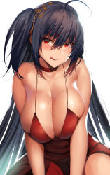 Rule 34 | 1girl, ahoge, azur lane, bad id, bad pixiv id, bare shoulders, belko, black hair, blush, breasts, breasts squeezed together, choker, cleavage, cocktail dress, collarbone, dress, hair between eyes, hair ornament, highres, huge breasts, licking lips, long hair, looking at viewer, official alternate costume, one side up, red choker, red dress, red eyes, simple background, smile, solo, sweat, taihou (azur lane), taihou (forbidden feast) (azur lane), tongue, tongue out, white background