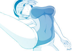 Rule 34 | 1girl, blue theme, blush, breasts, closed mouth, commentary request, competition swimsuit, covered navel, feet out of frame, flat cap, hair bobbles, hair ornament, hat, highres, kagiyama shachou, kawashiro nitori, large breasts, looking at viewer, medium hair, monochrome, one-piece swimsuit, partially visible vulva, sidelocks, simple background, smile, solo, stretching, swimsuit, touhou, two side up