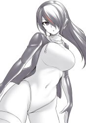 Rule 34 | 1girl, breasts, covered navel, cowboy shot, drawstring, emperor penguin (kemono friends), greyscale, hair over one eye, headphones, heattech leotard, jacket, kemono friends, large breasts, long hair, looking at viewer, monochrome, pataneet, solo, spot color, standing, thighhighs, turtleneck