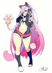 Rule 34 | 1girl, :d, animal ear headphones, animal ears, bikini, black bikini, black footwear, black jacket, blue eyes, blush, boots, breasts, cat ear headphones, cat ears, cat girl, cat tail, chita (ketchup), cleavage, commentary request, fake animal ears, fang, front-tie bikini top, front-tie top, full body, gloves, gradient hair, grey gloves, hair between eyes, hand on headphones, hands up, head tilt, headphones, jacket, knee boots, long hair, long sleeves, medium breasts, multicolored hair, navel, open clothes, open jacket, open mouth, original, pink hair, purple hair, signature, simple background, smile, solo, swimsuit, tail, very long hair, white background