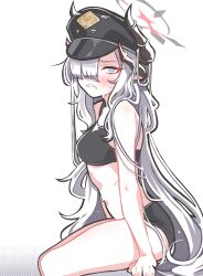 Rule 34 | 1girl, absurdres, asymmetrical bangs, black hat, black horns, black shorts, black sports bra, blue archive, blush, breasts, clenched teeth, dolphin shorts, feet out of frame, grey hair, hair over one eye, halo, hat, highres, horns, korean commentary, long hair, looking at viewer, makoto (blue archive), medium breasts, multiple horns, navel, peaked cap, pointy ears, shoeguy, shorts, simple background, sitting, solo, sports bra, sportswear, teeth, white background