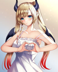 Rule 34 | 1girl, absurdres, alternate hairstyle, bare arms, bare shoulders, blonde hair, breasts, closed mouth, collarbone, commentary, demon girl, demon horns, demon wings, dress, forehead, gradient background, green hair, hair ornament, heart, heart hands, highres, hololive, horns, large breasts, light particles, long hair, mahirogi, multicolored hair, off shoulder, orange hair, parted bangs, pointy ears, red hair, shadow, simple background, smile, solo, sparkle, streaked hair, twintails, upper body, virtual youtuber, white dress, wings, x hair ornament, yuzuki choco