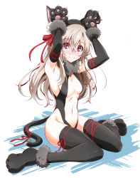 Rule 34 | 1girl, animal ears, animal hands, armpits, bad id, bad pixiv id, black gloves, black hairband, black leotard, black sleeves, black thighhighs, breasts, cat ears, cat tail, cleavage, dangerous beast (illya), detached sleeves, fake animal ears, fake tail, fate/kaleid liner prisma illya, fate (series), floating hair, full body, gloves, hair between eyes, hair ribbon, hairband, highres, illyasviel von einzbern, leg ribbon, leotard, long hair, long sleeves, looking at viewer, ngv3553, official alternate costume, paw gloves, red eyes, red ribbon, revealing clothes, ribbon, sideboob, silver hair, sitting, small breasts, smile, solo, sweatdrop, tail, tail ornament, tail ribbon, thighhighs, very long hair, wariza