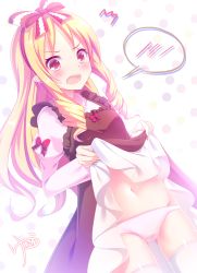 Rule 34 | 10s, 1girl, blonde hair, blush, bow, brown eyes, dress, drill hair, dutch angle, eromanga sensei, frills, hair bow, hairband, kisaragiyu, lifted by self, long hair, long sleeves, looking at viewer, navel, open mouth, panties, pointy ears, puffy long sleeves, puffy sleeves, solo, spoken blush, tears, thighhighs, twin drills, underwear, white panties, white thighhighs, yamada elf
