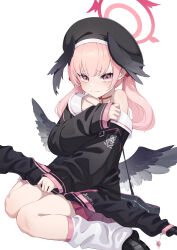Rule 34 | 1girl, absurdres, beret, black hat, black wings, blue archive, blush, bolt action, feathered wings, gun, halo, hat, head wings, highres, koharu (blue archive), looking at viewer, low wings, miniskirt, neckerchief, p14 enfield, pink eyes, pink hair, pink neckerchief, pink skirt, pleated skirt, rifle, sailor, sailor collar, sitting, skirt, sleeves past wrists, socks, solo, toga (toganawa), twintails, weapon, white sailor collar, white socks, wings
