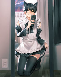 Rule 34 | 1boy, animal ears, apron, black bow, black bowtie, black dress, black hair, black thighhighs, bow, bowtie, cat ears, collared dress, dress, electrical outlet, frilled dress, frills, highres, holding, holding clothes, holding dress, holding phone, indoors, ishida (segu ishida), looking at viewer, maid, male focus, mirror, original, paw print, phone, selfie, short hair, smile, solo, thighhighs, trap, white apron