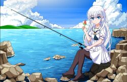 1girl ascot black_ascot black_pantyhose blue_eyes blue_sky blush chinese_commentary closed_mouth cloud commentary_request cumulonimbus_cloud day expressionless fishing fishing_rod food full_body hair_behind_ear hair_between_eyes hair_ornament hairclip hand_up highres holding holding_fishing_rod holding_food holding_popsicle knees_together_feet_apart long_hair looking_at_viewer naruse_shiroha no_shoes ocean outdoors pantyhose pixel_art popsicle puffy_short_sleeves puffy_sleeves sailor_collar school_uniform serafuku shirt short_sleeves sitting skirt sky solo summer_pockets summer_pockets_school_uniform user_vzft2578 very_long_hair watermelon_bar white_hair white_sailor_collar white_serafuku white_shirt white_skirt