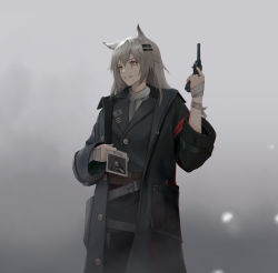 Rule 34 | 1girl, absurdres, animal ears, arknights, bad id, bad pixiv id, belt, black coat, chinese commentary, cjmy, coat, commentary request, cowboy shot, drawing (object), grey background, grey hair, gun, hair between eyes, hair ornament, handgun, highres, holding, holding drawing, holding gun, holding weapon, jewelry, lappland (arknights), long hair, long sleeves, revolver, ring, scar, scar across eye, scar on face, solo, teeth, texas (arknights), weapon, yellow eyes