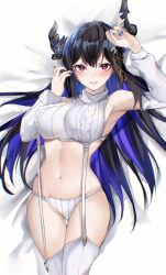 Rule 34 | 1girl, asymmetrical horns, black hair, blue hair, blue nails, blush, breasts, caicos, colored inner hair, demon horns, detached sleeves, garter straps, highres, hololive, hololive english, horns, large breasts, looking at viewer, meme attire, mole, mole under eye, multicolored hair, nail polish, navel, nerissa ravencroft, panties, sleeveless, sleeveless sweater, smile, solo, sweater, thighhighs, turtleneck, turtleneck sweater, underwear, virgin destroyer sweater, virtual youtuber, white garter straps, white panties, white sleeves, white sweater, white thighhighs