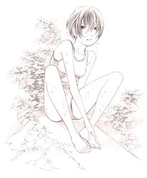 Rule 34 | 1girl, barefoot, competition swimsuit, monochrome, one-piece swimsuit, original, short hair, sketch, solo, swimsuit, traditional media, yoshitomi akihito