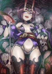Rule 34 | 1girl, alcohol, cup, fangs, fate/grand order, fate (series), hair ornament, hatori you, highres, horns, japanese clothes, looking at viewer, navel, oni, open mouth, pale skin, sakazuki, sake, shuten douji (fate), skull, solo