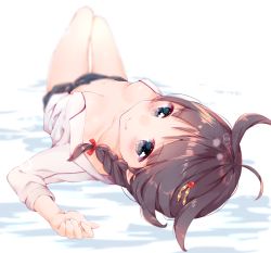 Rule 34 | 10s, 1girl, ahoge, azuki (krps-hano), bed sheet, black skirt, blurry, braid, breasts, brown hair, closed mouth, covered erect nipples, depth of field, eyebrows, from above, full body, hair flaps, hair ornament, hair ribbon, highres, kantai collection, knees up, long hair, long sleeves, looking at viewer, lying, manatsuki manata, medium breasts, miniskirt, navel, on back, on bed, open clothes, pleated skirt, red ribbon, ribbon, shigure (kancolle), shigure kai ni (kancolle), single braid, skirt, smile, solo, stomach, thigh gap, white background