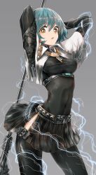 Rule 34 | 1girl, arms behind head, arms up, belt, black shirt, black skirt, black thighhighs, blue hair, bodystocking, breasts, brown eyes, commentary, contrapposto, covered navel, cowboy shot, electricity, english commentary, fine fabric emphasis, floral print, green hair, grey background, highres, holding, holding weapon, impossible clothes, impossible shirt, long sleeves, looking at viewer, medium breasts, open mouth, original, red eyes, revision, shirt, short hair, simple background, skirt, solo, standing, swav, taut clothes, thighhighs, weapon