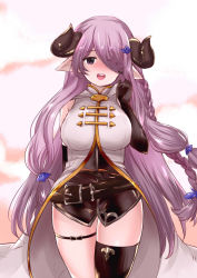 Rule 34 | 10s, 1girl, :d, abi (ababsksk), arm behind back, black gloves, black thighhighs, blush, braid, breasts, cowboy shot, draph, elbow gloves, eyebrows, eyes visible through hair, gloves, granblue fantasy, hair ornament, hair over one eye, head tilt, highres, horns, large breasts, light purple hair, long hair, narmaya (granblue fantasy), open mouth, pointy ears, single thighhigh, skindentation, smile, solo, standing, thigh strap, thighhighs, very long hair