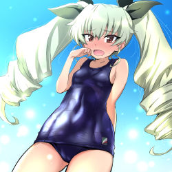 Rule 34 | 1girl, anchovy (girls und panzer), arm behind back, black ribbon, blue one-piece swimsuit, blush, breasts, commentary, cowboy shot, drill hair, emblem, frown, girls und panzer, green hair, hair ribbon, hand to own mouth, long hair, looking at viewer, nakahira guy, old school swimsuit, one-piece swimsuit, open mouth, red eyes, ribbon, school swimsuit, small breasts, solo, standing, sweatdrop, swimsuit, twin drills, twintails