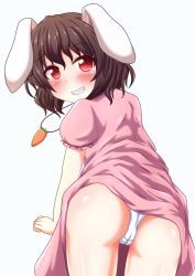 Rule 34 | 1girl, animal ears, blush, brown hair, cameltoe, carrot necklace, from behind, grin, highres, inaba tewi, jewelry, looking back, naughty face, necklace, panties, pantyshot, pendant, rabbit ears, red eyes, smile, solo, touhou, underwear, white panties, yakumo nanahara