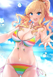 Rule 34 | 1girl, areola slip, bare shoulders, bikini, blonde hair, blue eyes, blue sky, blush, breasts, cleavage, collarbone, halterneck, highres, idolmaster, idolmaster cinderella girls, jewelry, large breasts, long hair, looking at viewer, mk (mod0), multicolored bikini, multicolored clothes, navel, necklace, ohtsuki yui, open mouth, outstretched arms, ponytail, side-tie bikini bottom, sky, smile, solo, string bikini, striped bikini, striped clothes, swimsuit, thighs, water drop, wavy hair