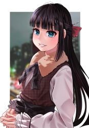 Rule 34 | 1girl, black bow, black bowtie, black hair, blue eyes, blunt bangs, blurry, blurry background, border, bow, bowtie, brown vest, depth of field, hair bow, hair ornament, hair stick, highres, igarashi kyouhei, kurosawa dia, long hair, long sleeves, looking at viewer, love live!, love live! sunshine!!, mole, mole under mouth, outside border, own hands together, red bow, sash, shirt, smile, solo, upper body, vest, white border, white shirt