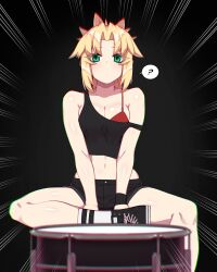 Rule 34 | 1girl, absurdres, bare shoulders, black shorts, black tank top, blonde hair, bra, breasts, fate/grand order, fate (series), green eyes, highres, hyperbudd, long hair, looking at viewer, midriff, mordred (fate), mordred (fate/apocrypha), navel, parted bangs, ponytail, red bra, revision, shorts, sidelocks, sitting, small breasts, solo, tank top, underwear