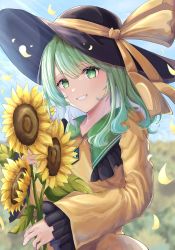 Rule 34 | 1girl, black hat, bouquet, bow, day, erisauria, field, flat chest, flower, flower field, frilled shirt collar, frilled sleeves, frills, green eyes, green hair, green skirt, grin, hat, highres, holding, holding flower, komeiji koishi, light rays, long hair, long sleeves, looking at viewer, outdoors, petals, shirt, skirt, smile, solo, sunflower, sunflower field, touhou, upper body, wide sleeves, yellow bow, yellow flower, yellow shirt