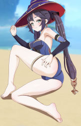 Rule 34 | 1girl, aruman, ass, bad id, bad pixiv id, bare legs, barefoot, blue leotard, blurry, blurry background, blush, breasts, closed mouth, detached sleeves, eyelashes, feet, full body, genshin impact, gold trim, green eyes, hand on own ass, hand up, hat, high heels, highleg, highleg leotard, highres, legs, leotard, looking at viewer, lying, medium breasts, mona (genshin impact), on side, outdoors, purple hair, purple hat, shadow, sidelocks, soles, solo, strapless, strapless leotard, thighlet, thighs, toes, twintails, witch hat