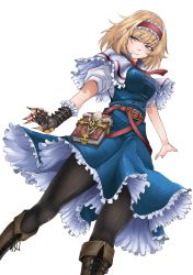 Rule 34 | 1girl, absurdres, alice margatroid, belt, black pantyhose, blonde hair, blue dress, blue eyes, book, boots, breasts, brown footwear, capelet, claws, closed mouth, cross-laced footwear, dress, dutch angle, eyelashes, gloves, grimoire of alice, hairband, half-closed eyes, highres, lace-up boots, light smile, medium breasts, omigawa namari, outstretched arms, pantyhose, red belt, red hairband, shirt, short dress, short sleeves, simple background, single glove, solo, standing, thighs, touhou, white background, white capelet, white shirt