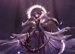 Rule 34 | 1girl, black hair, black wings, dungeon and fighter, female priest (dungeon and fighter), gloves, looking at viewer, mistress (dungeon and fighter), red eyes, scythe, short hair, solo, thighhighs, wings