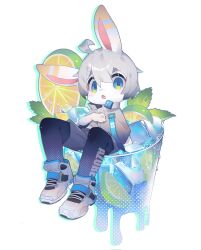 Rule 34 | 1boy, ahoge, animal ears, aqua eyes, child, commentary request, cup, drinking glass, english text, food, fruit, furry, furry male, hair between eyes, highres, ice, lemon, lemon slice, looking at viewer, male focus, open mouth, original, rabbit boy, simple background, solo, white background, zhutangyuan