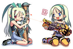 Rule 34 | 2girls, armor, bail, blonde hair, blue eyes, gun, hair ribbon, hairband, homeworld, homeworld 2, long hair, multiple girls, one eye closed, personification, pointy ears, red eyes, ribbon, simple background, spacecraft, tears, thighhighs, weapon, wince, wink