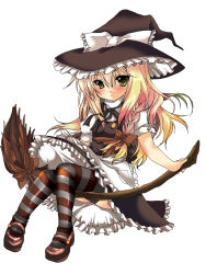 Rule 34 | 1girl, blonde hair, braid, broom, female focus, full body, hat, hikanyan, kirisame marisa, long hair, simple background, skirt, solo, striped clothes, striped thighhighs, thighhighs, touhou, white background, witch, witch hat, yellow eyes