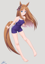 Rule 34 | 1girl, animal ears, artist name, barefoot, blue eyes, blue one-piece swimsuit, breasts, brown hair, commentary request, competition school swimsuit, ear ornament, feet, full body, grass wonder (umamusume), grey background, highres, horse ears, horse girl, horse tail, looking at viewer, multicolored hair, one-piece swimsuit, school swimsuit, sidelocks, simple background, small breasts, smile, solo, streaked hair, swimsuit, t2r, tail, toes, tracen swimsuit, umamusume