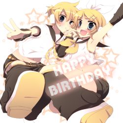 Rule 34 | 1boy, 1girl, amamine, arm warmers, ascot, bad id, bad pixiv id, blonde hair, brother and sister, grin, hair ornament, hair ribbon, hairpin, holding hands, happy birthday, headphones, hetero, kagamine len, kagamine rin, midriff, navel, open mouth, ribbon, short hair, shorts, siblings, smile, twins, vocaloid
