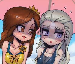 Rule 34 | 2girls, :d, :o, alternate costume, bare shoulders, blush, breasts, brown eyes, brown hair, cleavage, collarbone, day, diana (league of legends), flower, flying sweatdrops, grey hair, hair flower, hair ornament, league of legends, leona (league of legends), long hair, looking at another, looking to the side, medium breasts, multiple girls, open mouth, orange flower, outdoors, phantom ix row, pink eyes, shiny clothes, smile