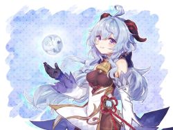 Rule 34 | 1girl, ahoge, bare shoulders, bell, black gloves, blue hair, blush, breasts, chinese knot, detached sleeves, flower knot, ganyu (genshin impact), genshin impact, gloves, gold trim, horns, long hair, looking at viewer, medium breasts, neck bell, orb, purple eyes, sidelocks, smile, solo, standing, uyoyo nohakaba, vision (genshin impact), white sleeves