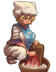 Rule 34 | 1girl, blonde hair, breasts, chanta (ayatakaoisii), hat, large breasts, looking down, no tail, nose, short hair, simple background, sleeves rolled up, socks, solo, squatting, tabard, touhou, unfinished, washboard, washing, water, white background, yakumo ran, yellow eyes