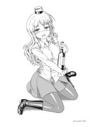 Rule 34 | 1girl, bodice, boots, bottle, breasts, commentary request, dress shirt, drunk, frilled skirt, frills, full body, greyscale, hat, kantai collection, kudou (ooabareteng), looking at viewer, medium breasts, mini hat, monochrome, one-hour drawing challenge, pantyhose, pola (kancolle), shirt, simple background, skirt, solo, tilted headwear, wavy hair, wine bottle