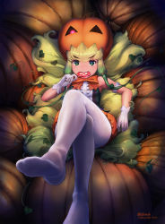 Rule 34 | &gt;:), 1girl, arm rest, armband, armpits, bare arms, bare shoulders, beleven, blonde hair, bow, bowtie, candy, center frills, crossed legs, elbow rest, fang, feet, food, foreshortening, frilled shorts, frills, gloves, green eyes, green hair, hair ornament, halloween, hand up, highres, holding, holding candy, holding food, holding lollipop, jack-o&#039;-lantern (kemono friends), japari symbol, kemono friends, leaf, leaf hair ornament, leaning back, pantyhose under shorts, lollipop, long hair, multicolored hair, no shoes, orange bow, orange bowtie, orange shorts, pantyhose, plant, pumpkin, pumpkin hat, shirt, shorts, sitting, sleeveless, sleeveless shirt, solo, twitter username, two-tone hair, v-shaped eyebrows, very long hair, vines, white gloves, white pantyhose