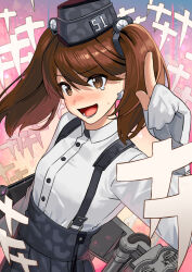 Rule 34 | 1girl, akagi kurage, anchor hair ornament, atlanta (kancolle), atlanta (kancolle) (cosplay), black hat, black skirt, brown eyes, brown hair, camouflage, commentary request, cosplay, dress shirt, earrings, garrison cap, gloves, hair ornament, hat, high-waist skirt, highres, index finger raised, jewelry, kantai collection, long hair, long sleeves, looking at viewer, machinery, partially fingerless gloves, ryuujou (kancolle), shikigami, shirt, single earring, skirt, smile, solo, star (symbol), star earrings, suspender skirt, suspenders, two side up, white shirt