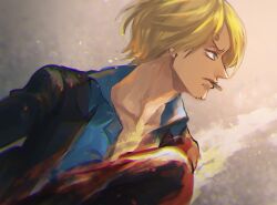 Rule 34 | archived source, bad id, bad twitter id, blonde hair, blue eyes, blue shirt, cigarette, facial hair, formal, goatee stubble, jacket, one piece, pants, potechi norisio, profile, sanji (one piece), shirt, short hair, stubble, suit