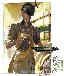 Rule 34 | apron, aragami oga, backlighting, barista, black hair, cafe, cup, dark-skinned male, dark skin, dated, eyepatch, green apron, hampa sahara (artist), holding, holding cup, holding tray, holostars, horns, jug (bottle), male focus, shirt, signature, single horn, solo, tray, virtual youtuber