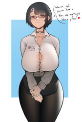 Rule 34 | 1girl, :3, black-framed eyewear, black choker, black hair, bob cut, breasts, brown pantyhose, bursting breasts, button gap, button shirt, choker, cleavage, closed mouth, commentary, cowboy shot, curvy, distr, english commentary, english text, glasses, grey choker, hair ornament, hairclip, highres, huge breasts, lap pillow invitation, long sleeves, looking at viewer, mole, mole under mouth, office lady, original, own hands together, pantyhose, pencil skirt, red eyes, seductive smile, shirt, short hair, skirt, smile, solo, standing, thick thighs, thighs, white shirt